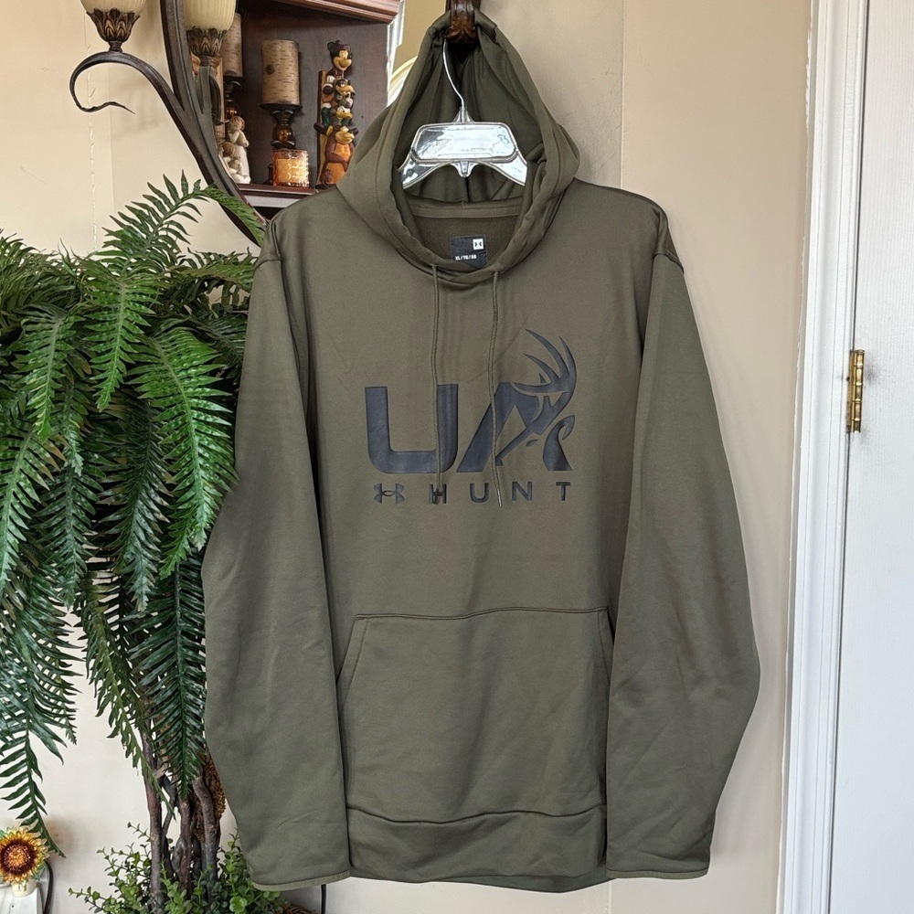 Under Armour UA Fleece Hunt Logo Long Sleeve Hoodie Mens Sweatshirt Marine Green